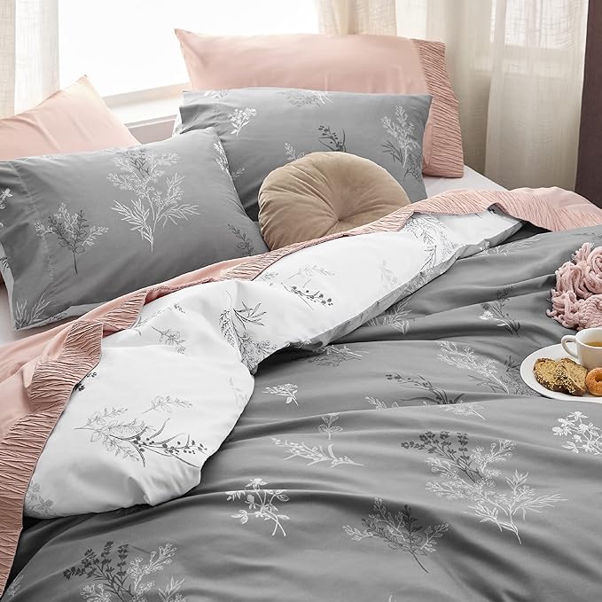 Bedsure Duvet Cover King Size - Reversible Floral Duvet Cover Set with Zipper Closure, 3 Pieces Grey Bedding Set with 8 Corner Ties and 2 Pillowcases 20"x36"
