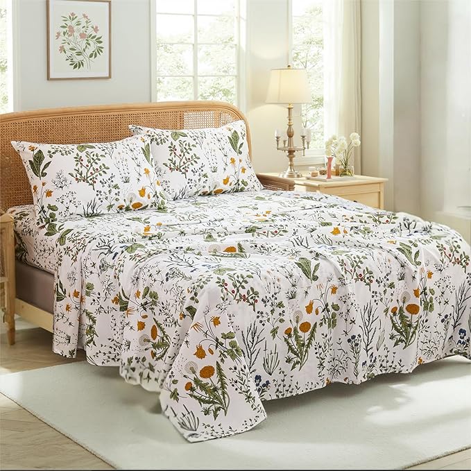 100% Cotton Sheet Set King Size – 4-Piece Vintage Green Floral Bedding Set, Soft Breathable Percale Weave, Deep Pocket Fitted Sheet 17.5", Crisp Cool Feel, Refined Botanical Elegance