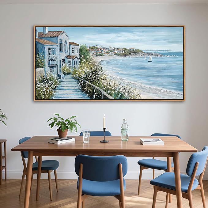 KLAKLA Coastal Decor Nautical Boat on Beach Canvas Picture Ocean Seagull Seascape Canvas Print Farmhouse Artwork for Seashore Bedroom Living Room Large Square Blue Teal 24x48 Inches