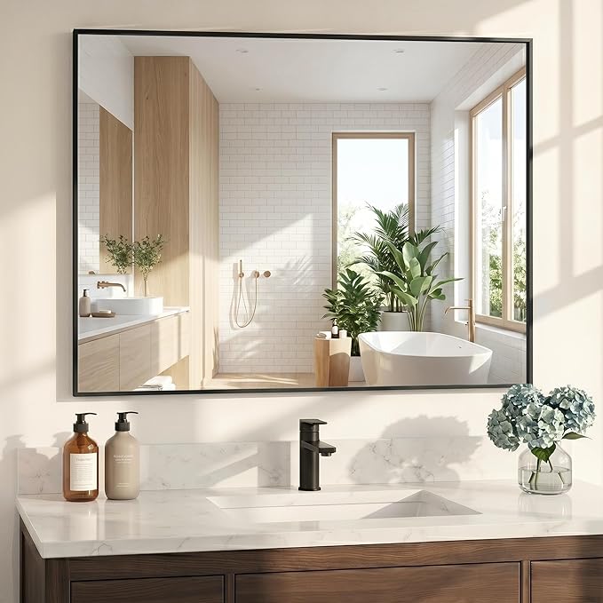 40"x30" Black Bathroom Mirror for Wall, Shatterproof Tempered Glass, Rectangle Narrow Frame Large Vanity Mirror, H/V Wall-Mounted