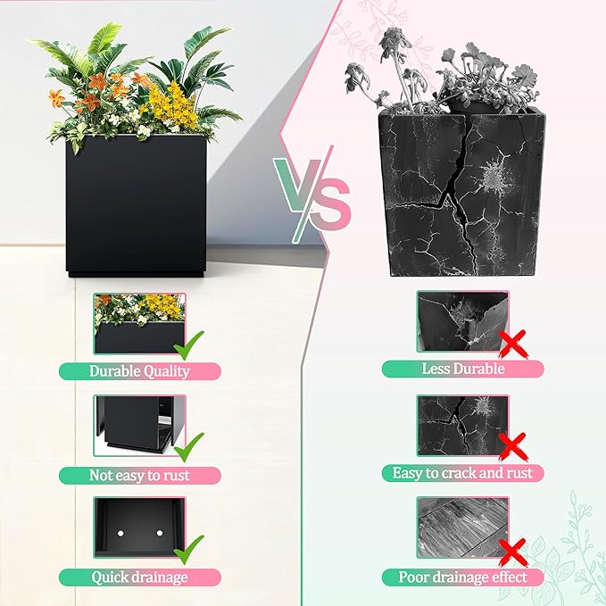 Metal Planter Box Rectangular Planter Box with Drainage Hole, Outdoor Large Planters, All-Weather Use, Rust-Resistance, for Flowers Plants, 17" L × 17" W × 18" H, Black
