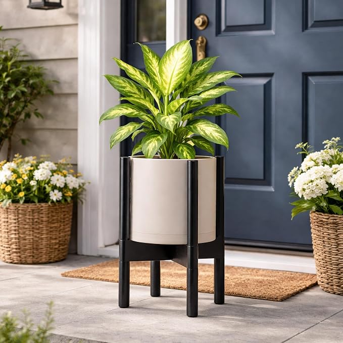 D'vine Dev Planter Pot with Stand - 8 Inch Plastic Cylinder Flower Pot with Wood Planter Holder for Indoor, Oatmeal Pot + Ebony Stand, 55-C-K-4