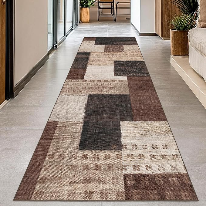 Modern Geometric Patchwork Indoor Runner Rug for Living Room, Chocolate 2.7'x 8' Rug Rockwood Collection Hardwood Floors Decor for Bedroom, Brown Throw Carpet for Office Entryway Dining Room