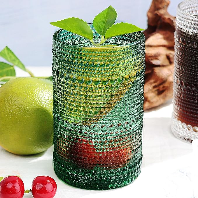 Hobnail-Drinking Glasses 13oz Vintage Glassware Sets Cocktail Juice Glasses Set of 6, Blackish Green