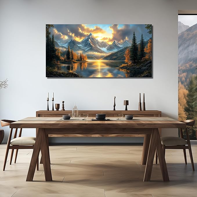 JuhaiArt Large Mountain Lake Wall Art Gold Picture Nature Artwork Landscape Canvas Decor for Living Room Bedroom Office Scenery Art 29" x 59"