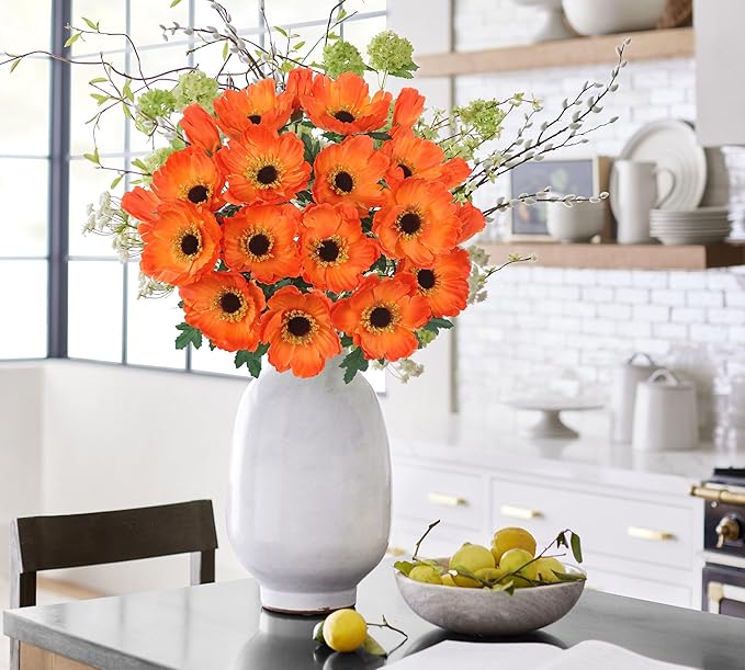 Hollyone 10 Heads Orange Poppy Flowers Artificial 2Pcs Fake Poppies Flowers Bouquets with 7 Heads Full Bloom Poppy & 3 Buds Bouquet Stems Spring Sumer Faux Floral Flower Arrangement for DIY Home Decor