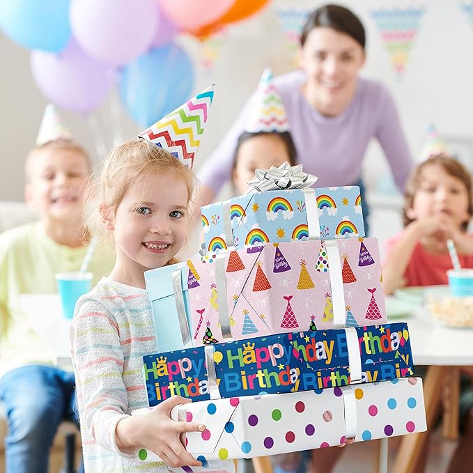 Birthday Wrapping Paper Sheet - 8 Sheets Folded Flat Gift Wrap with Colorful Hat, “Happy Birthday” Lettering, Rainbow with Clouds, Polka Dots for Party, Baby Shower - 20 X 28 Inch Per Sheet