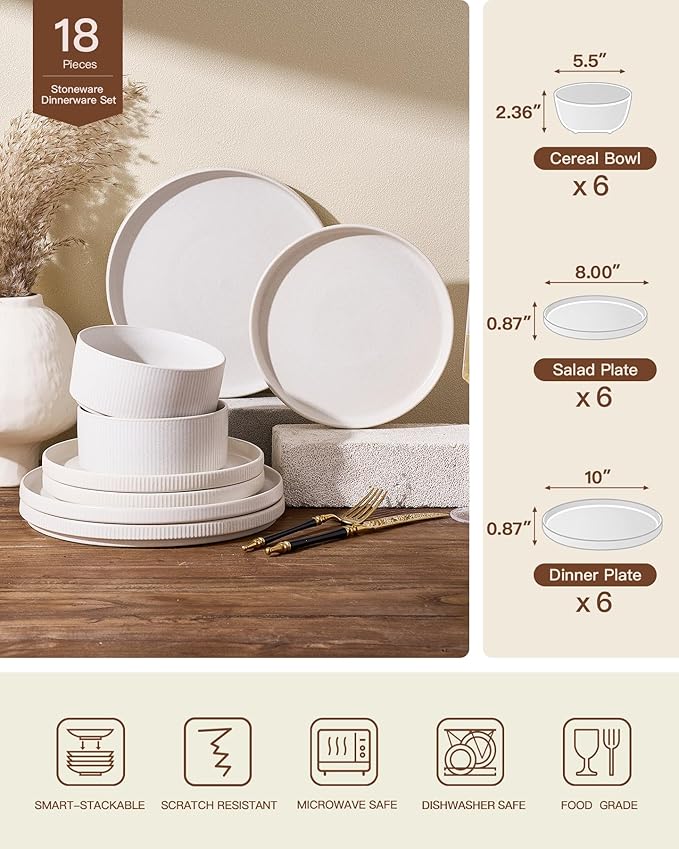24-Piece Dinnerware Set for 8, Famiware Premium Stoneware Dish Set with Ribbed Plates and Deep Bowls, Double Reactive Glaze, Chip & Scratch Resistant, Microwave & Dishwasher Safe, Matte Reactive White