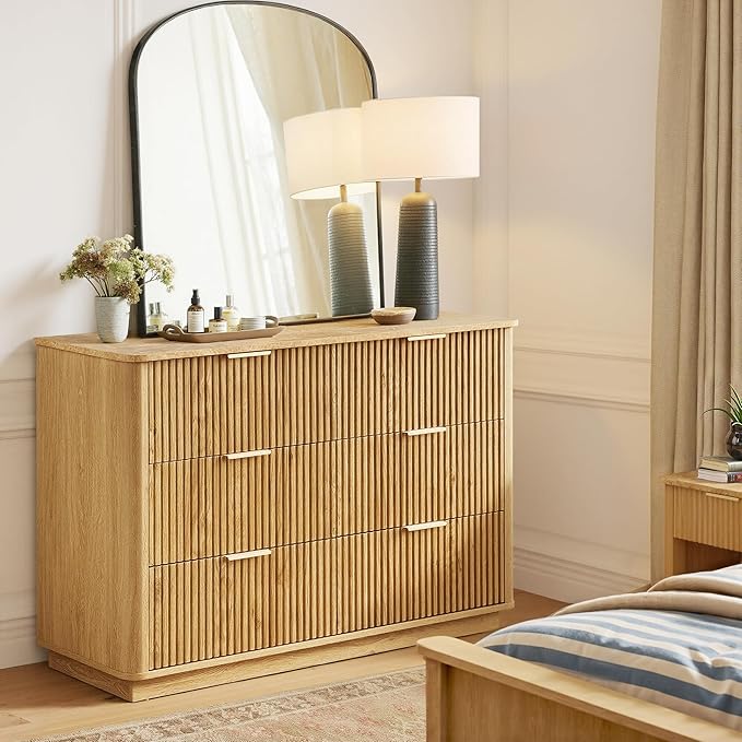 win2win 6 Drawer Dresser, Mid Century Modern Dresser with Storage, 47" Wide Fluted Chest of Drawers with Faux Marble Top, Dressers TV Stand, Drawers Organizer for Bedroom, Living Room, Hallway, Oak