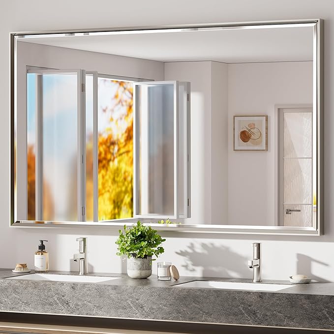 60 x 36 Brushed Nickel Bathroom Mirror, Beveled Framed Rectangle With Anti-Rust Frame, Shatterproof, Vertical/Horizontal Wall-Mounted