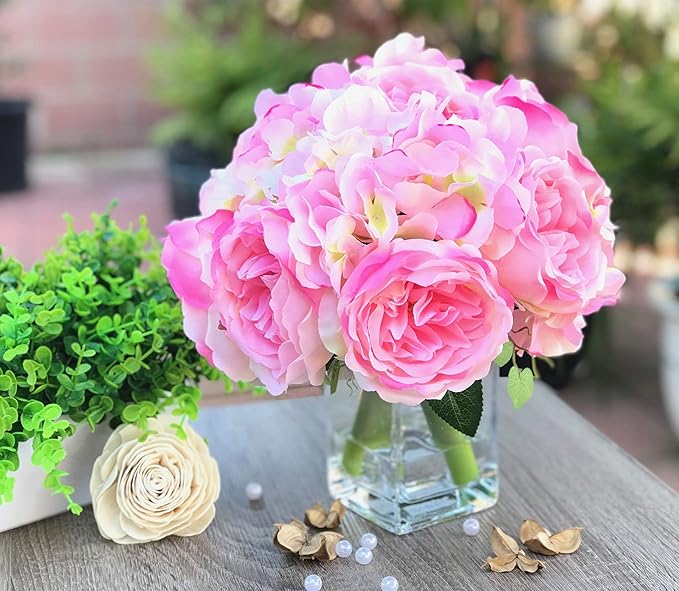 Enova Home Peony and Hydrangea Mixed Artificial Silk Flower Arrangement with Clear Glass Vase for Home Wedding Decor (Pink)