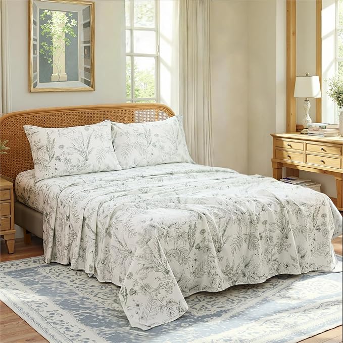 100% Cotton Sheet Set Queen Size – 4-Piece Chic Garden Floral Bedding Set, Soft Breathable Percale Weave, Deep Pocket Fitted Sheet 17.5", Crisp Cool Feel, Refined Botanical Elegance