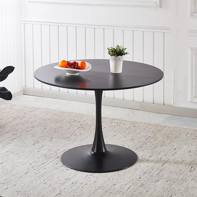 KEIKI 42.1" Round Dining Table, Mid Century Modern Bistro Table with Thickened MDF Tabletop & Metal Pedestal, for 4-6 People, Small Places, Cafe, Kitchen, Living Room, Black