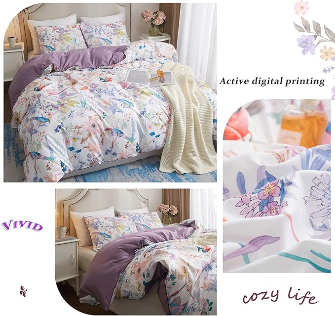 VM VOUGEMARKET Purple Floral Birds Duvet Cover Set,Botanical Flower Plants Pattern Bedding Set in Lilac with Zipper Closure No Comforter(3pcs, Queen Size)