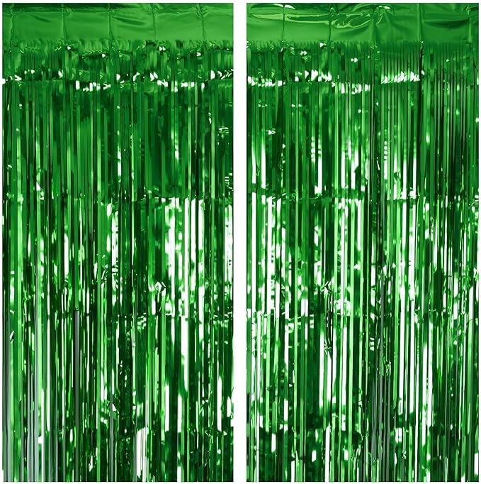 2 Pack Green Tinsel Curtain Party Backdrop, 3.2Ft x 8.2Ft Metallic Tinsel Foil Fringe Curtains Photo Booth Props Background for Christmas St Patrick’s Day Safari Tropical Bachelorette Decorations