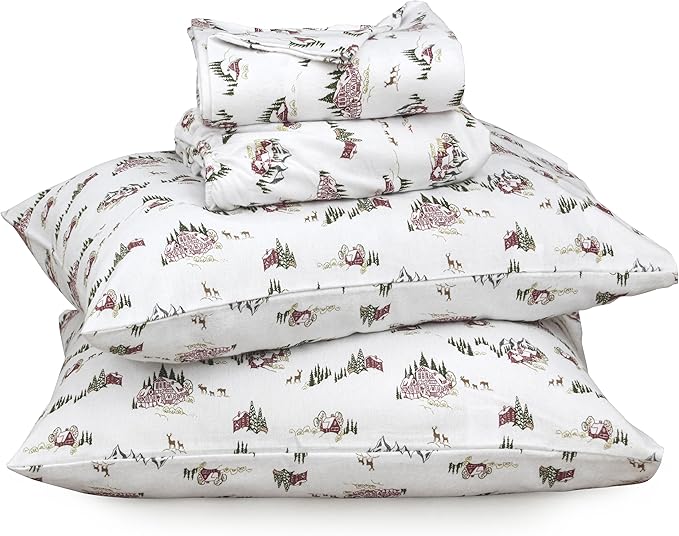 RUVANTI Flannel Sheets Queen Size - 100% Cotton Double Brushed Bed Sheets, Deep Pockets 16 Inches Queen Sheet Set, All Seasons Breathable & Extra Soft - Warm & Cozy, 4 Piece, Hilly Huts