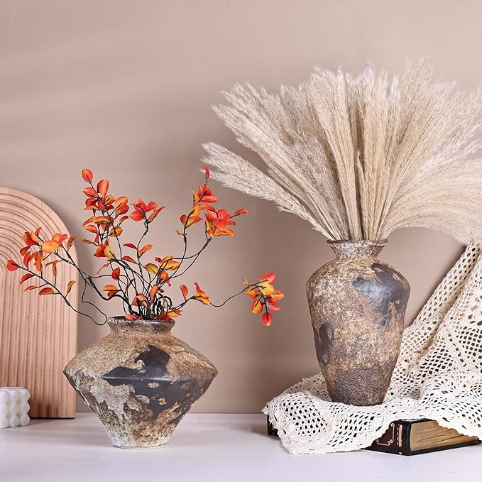 Small Stone Vase for Rustic Home Decor, Farmhouse Antique Pottery Vase Furniture&Table Flower Decorative, Round Terracotta Vases for Living Room Decor, Modern Rustic Concrete Clay Art Vases