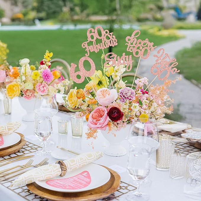 Gyufise 15Pcs 60th Birthday Centerpiece Sticks Sixty Happy 60th Table Flower Centerpieces Sticks Cheers to 60 Floral Decorations for 60th Birthday Party Centerpieces Supplies Rose Gold