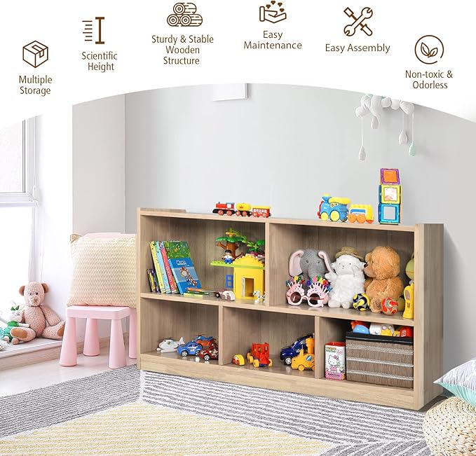 Costzon 2-Shelf Bookcase for Kids, Wooden Toy Storage Organizer for Books Toys, 5-Section Freestanding Classroom Daycare Montessori Bookshelf for Preschool, Home Playroom & Kindergarten