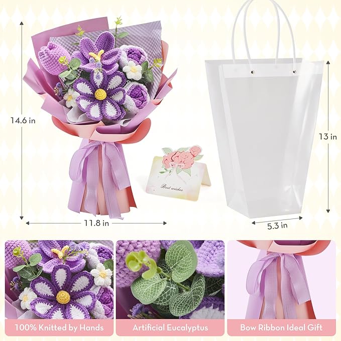 Alecono Crochet Flower Bouquet, Purple Knitted Flowers, Crochet Tulip Galsang Flower for Lover Anniversary Birthday Party Mother's Day Graduation Gifts (Include Card)