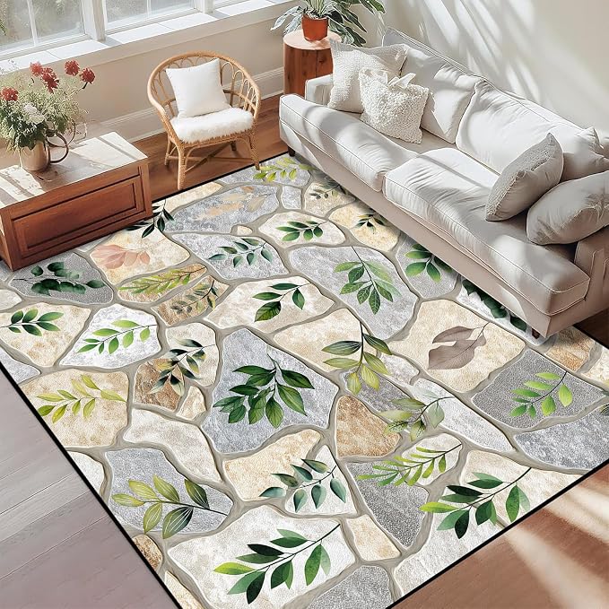 6'x9' Optical Illusion Rug 3D Stone Floor Mat Green Leaf Botanical Area Rug Rustic Nature Washable Carpet for Bedroom Living Room Kitchen Nursery Playroom Home Decor