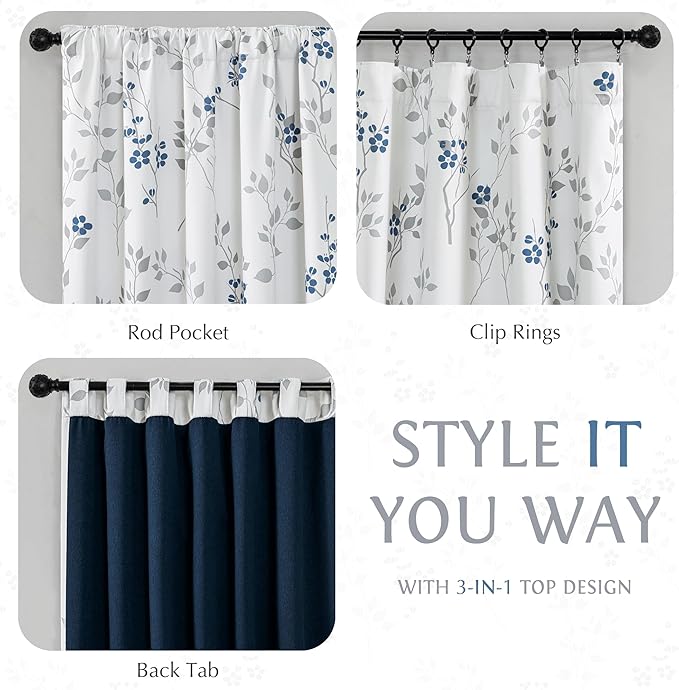 Beauoop Floral 100% Blackout Curtains 96 Inches Long 2 Panels for Bedroom Living Room Blue Grey and White Flower Patterned Room Darkening Thermal Soundproof Rod Pocket Back Tab Window Drapes, 52X96