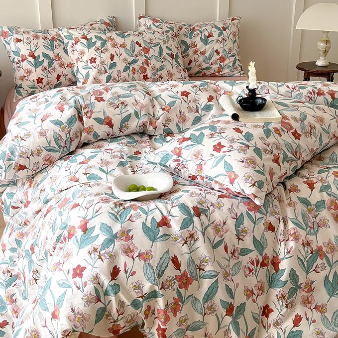 EAVD Red Floral Duvet Cover King Soft 100% Cotton Garden Floral Leaves Botanical Bedding Set with 2 Pillowcases Chic Shabby Vintage Floral Comforter Set with Zipper Closure
