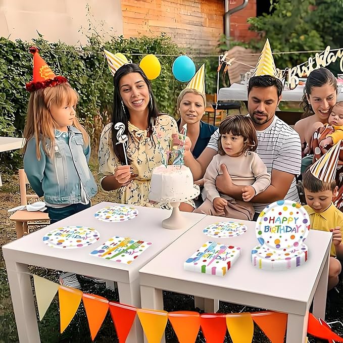 72Pcs Happy Birthday Plates and Napkins, Colorful Dots Paper Plates and Napkins Forks 7inch Disposable Cake Dessert Plates Tableware Decorations for Boys Girls Birthday Party, Serve 24
