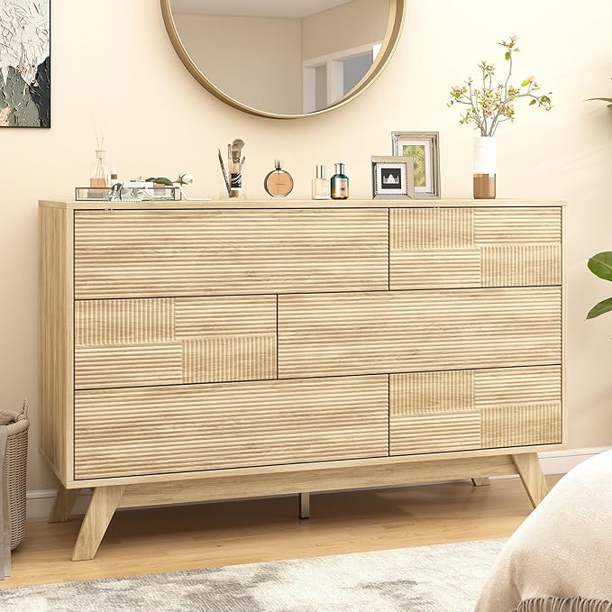 Hadulcet Fluted 6 Drawers Dresser for Bedroom, Modern Minimalist Style, 47” Wide Handleless Chest of Drawers, Wooden Dresser TV Stand, Closet Clothes Storage Organizer for Hallway, Natural Oak