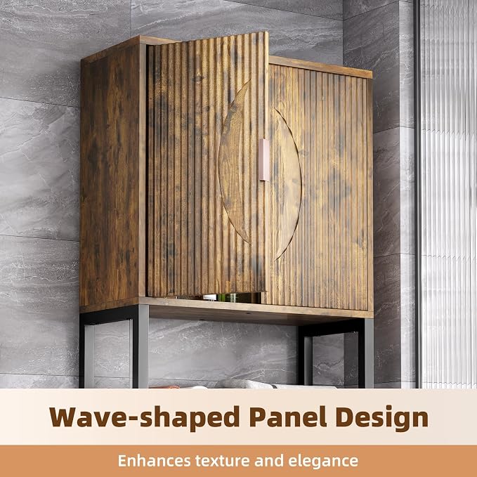 Kalrin Over The Toilet Storage Cabinet with Fluted Wave Doors and Adjustable Shelf, Wood Over Toilet Storage Rack with Drain Basket, Freestanding Bathroom Organizer for Balcony Laundry, Vintage Brown
