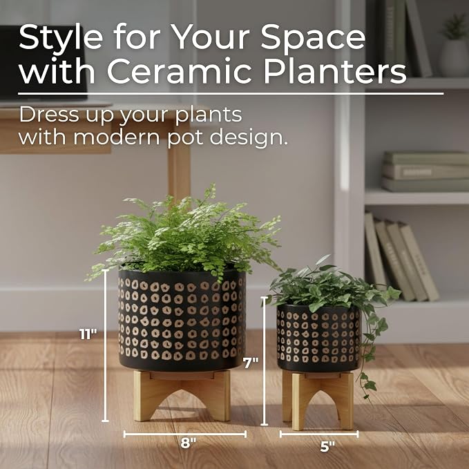 Set of 2 Ceramic Planters with Bamboo Stand Plant – Plant Stand Indoor Display Greenery, Living Room & Outdoor Decor – Aztec Pattern Planters for Collected Home Decor – 10.5" & 7.75"– Brown Black