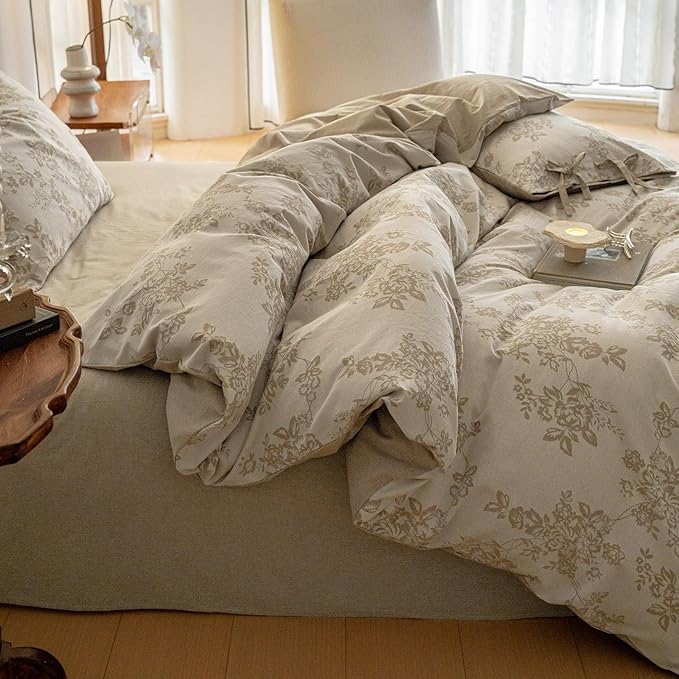 VM VOUGEMARKET Linen Cotton Duvet Cover Set King Retro Monet Flower Bedding Set,Jacquard Yarn-Dyed Textured Comforter Cover with Bowknot-104 x90,Khaki
