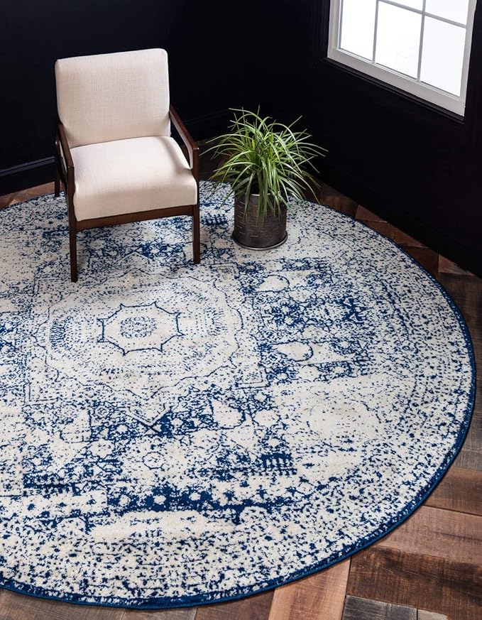 Unique Loom Bromley Collection Area Rug - Wells (5' 1" Round, Ivory and Blue/ Ivory)