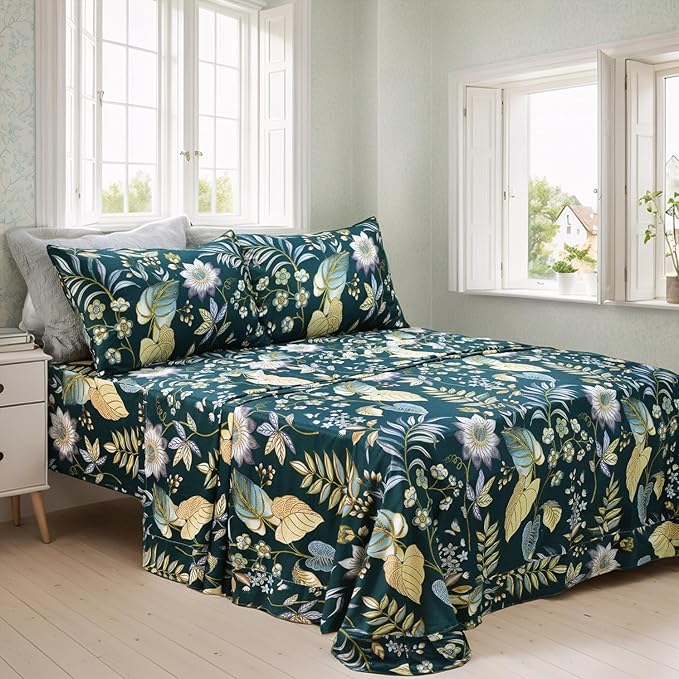 FADFAY Sheets Set Twin Teal Elegant Floral Bedding Tropical Plam Leave Sunflower Bedding 800 Thread Count Luxury Summer Sheets 100% Egyptian Cotton Deep Pocket Bed Sheets Set, 4 Pieces-Twin Size