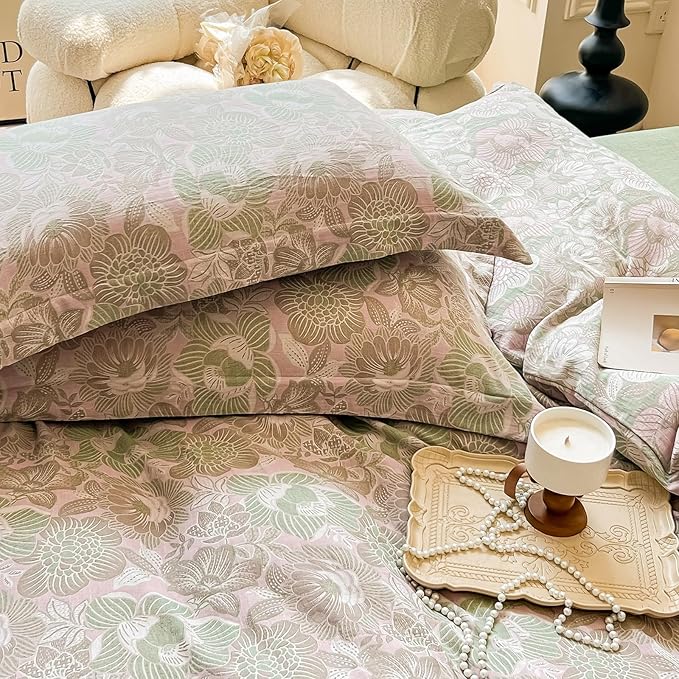 EAVD Vintage Style Pink Floral Duvet Cover Queen Soft 100% Cotton Muslin Yarn-Dyed Jacquard Textured Duvet Cover with Zipper Closure Linen Like Gauze Floral Bedding Set with 2 Pillowcases