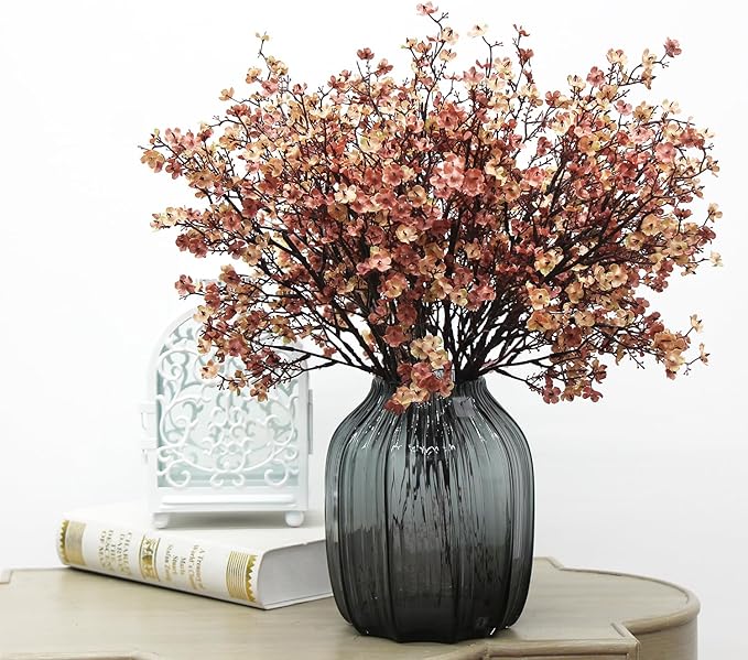 JAKY-Global Babys Breath Silk Artificial Flowers Bulk With Vase 10pcs for Fall Decor Fake flower bouquet Home Kitchen Indoor Bouquet Floral Arrangement Table Centerpieces Decor(Beige Brown Vase)