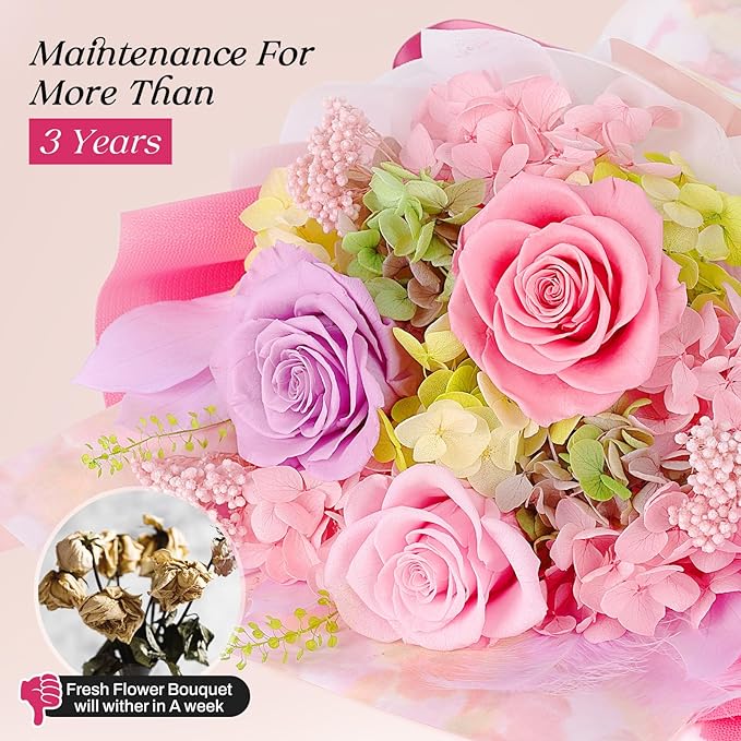 Preserved Flowers Bouquet 3 Roses - Pink Real Rose & Flowers for Delivery, Long-Lasting Flower with Gift Box, Eternal Roses Bouquet for Mothers, Mom, Wife Anniversary Birthday Gifts for Women and Her