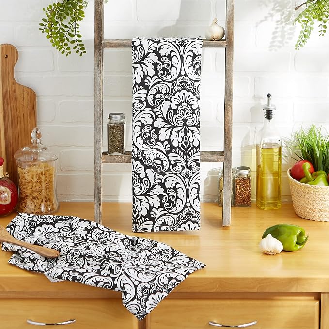 DII Cotton Dish Towel Set Damask Print, 18x28, Black, 2 Count