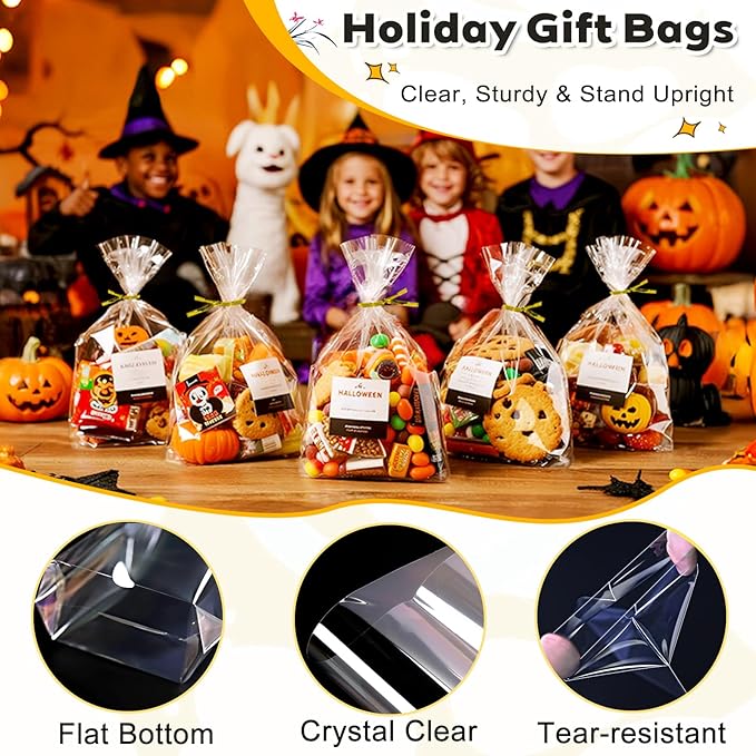 PigPotParty Cellophane Treat Bags 7"x10", 50 Pack Clear Goodie Bags, Bottom Gusset for Stand-Up Display, Small Plastic Gift Wrap for Cookies, Candy, Party Favors, Popcorn, Includes 50 Gold Ties