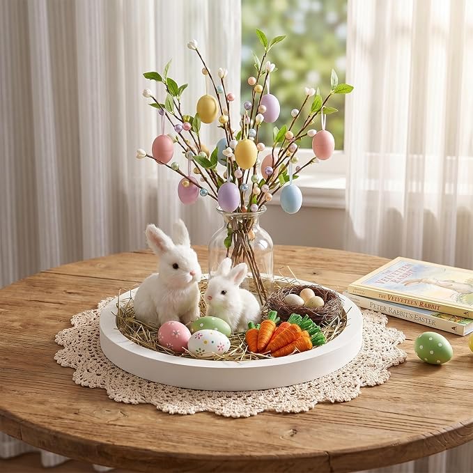 Candle Plate Holder Round Wooden Decorative Tray for Coffee Dinner Table Centerpiece Rustic Farmhouse Wood Trays Kitchen Counter White Living Room Home Decor for Bathroom Vanity Accessories Tray