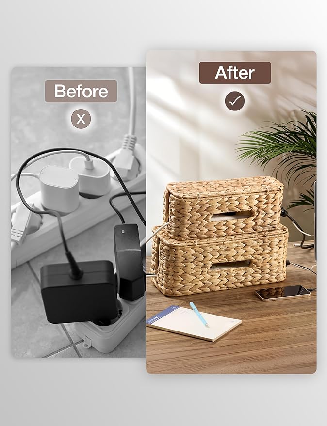 TIDITA Set of 2 Wicker Large Cable Management Box - Cord Box Hider for Home, Office - Water Hyacinth Cable Hider Box, Surge Protector Box for TV Wires, Computer - Power Strip Box - 3 Slots, Secure Lid
