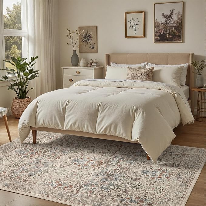 DCX Beige 8x10 Area Rugs, Machine Washable Non Slip Stain Resistant Soft Vintage Floral Rug, for Living Room, Bedroom, Playroom, Soft Low Pile Large Carpet