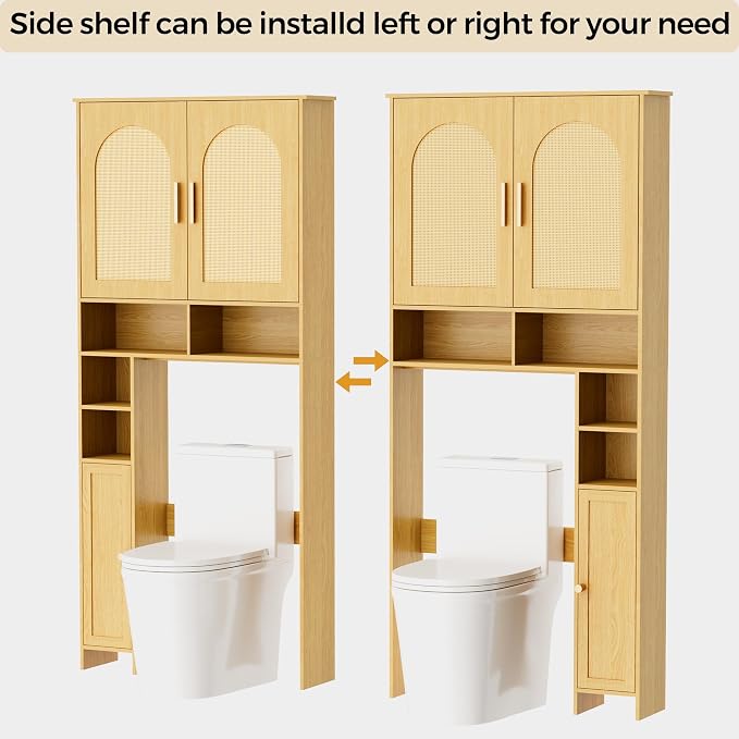 Homhedy 67" H Over The Toilet Storage Cabinet, Boho Bathroom Organizer with Rattan Decorated Doors, Adjustable Shelves, Toilet Paper Holder, Space-Saving Bathroom Shelf for Small Spaces, Natural