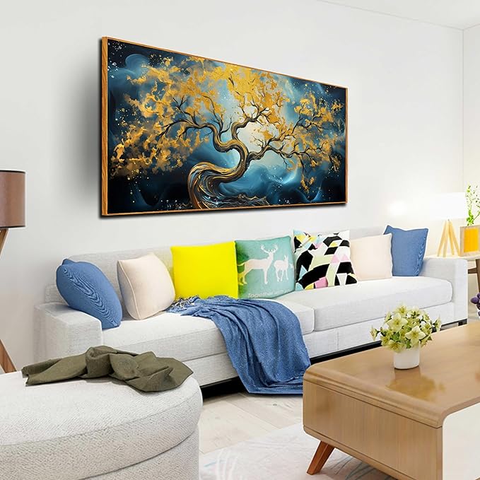 Gold Trees Canvas Painting Wall Art Living Room - Abstract Office Wall Art with Wooden Picture Frames Ready to Hang Size 29" x 59"