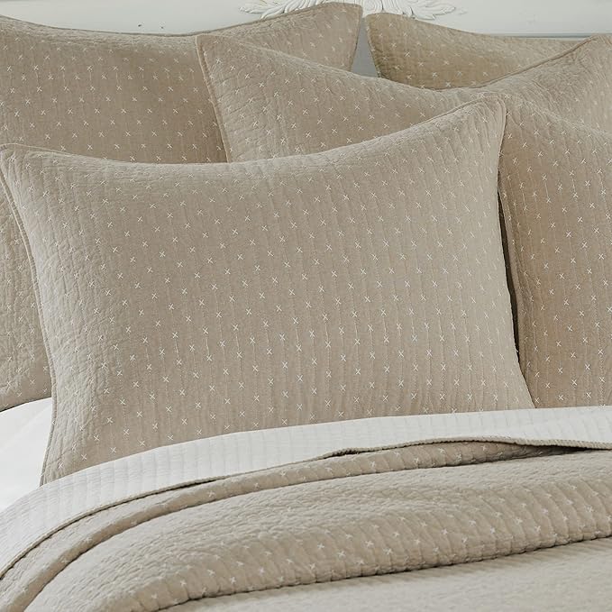 Levtex Home Cross Stitch Reversible Twin Bedspread Set (84x104in) with 1 Pillow Sham (26x20in) - Stitch Texture - Taupe - Cotton Twin Size Bedspread Set - Lightweight, Soft, Pre-Washed