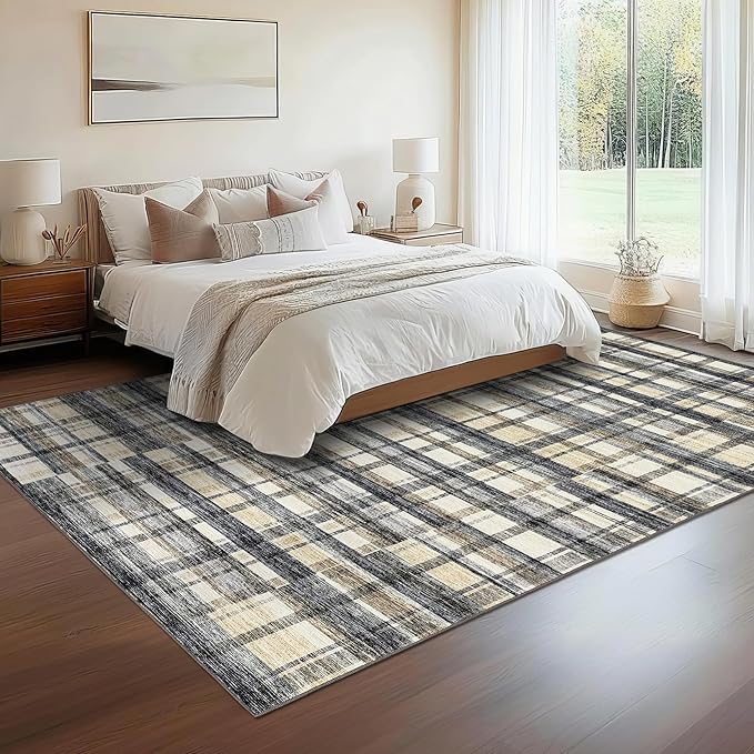 Washable Rugs 9 x 12 Rug for Living Room Farmhouse Rug for Bedroom Large Area Rug Plaid Non Slip Carpet Throw Rugs for Dining Room Stain Resistant Office Classroom, Blue/Beige