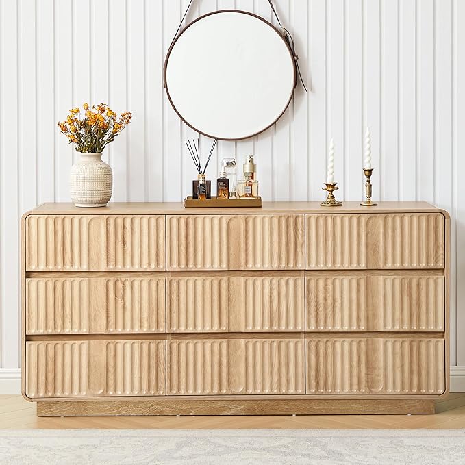 Fluted 9 Drawer Dresser for Bedroom, 60" Wide Modern Chest of Storage Drawers, Wood Dresser & Chest of Drawers with Curved Corners, Dressers TV Stand for Living Room (60" Natural 9 Drawer)