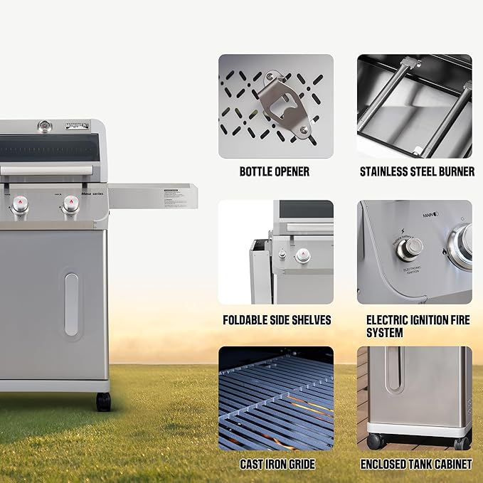 Monument Grills 2-Burner Stainless Steel Liquid Propane Gas Grill, Two Foldable Shelves Patio Garden Barbecue Grill with Clearview® Lid, Knob Control Mesa200S