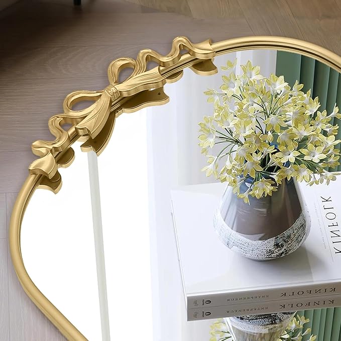 Besdomus Arched Mirror Full Length: 21"x56" Bow Gold Arch Floor Mirror - Antique Baroque Traditional Ornate Standing Mirror for Entryway/Cloakroom/Bedroom - Home Decor for Fashion-Conscious