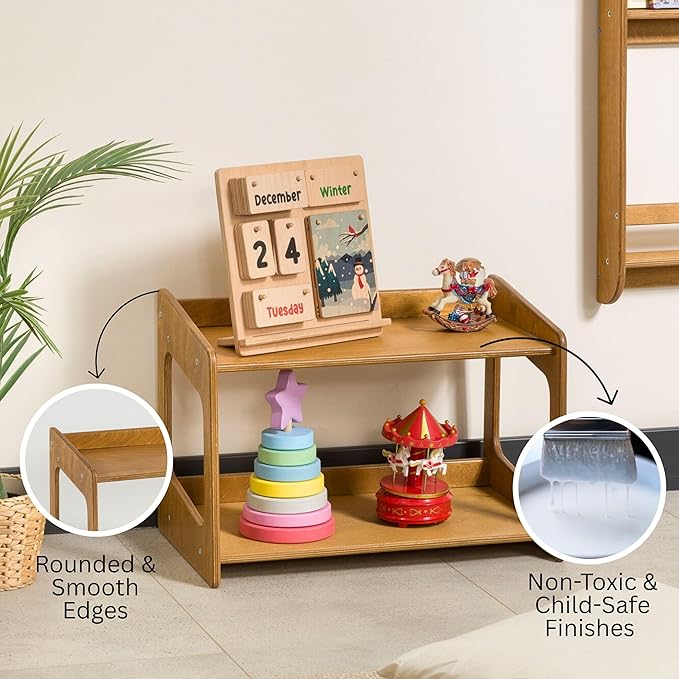 Montessori Bookshelf for Toddlers Solid Wood Toy Storage Shelf Organizer for Playroom and Classroom Floor Bookshelf for Kids Room (Oak, 2 Shelves)